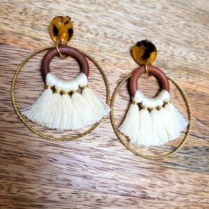 HAND CRAFTED Tortoise Brown Gold Plated Hoop Tassel Drop Earrings